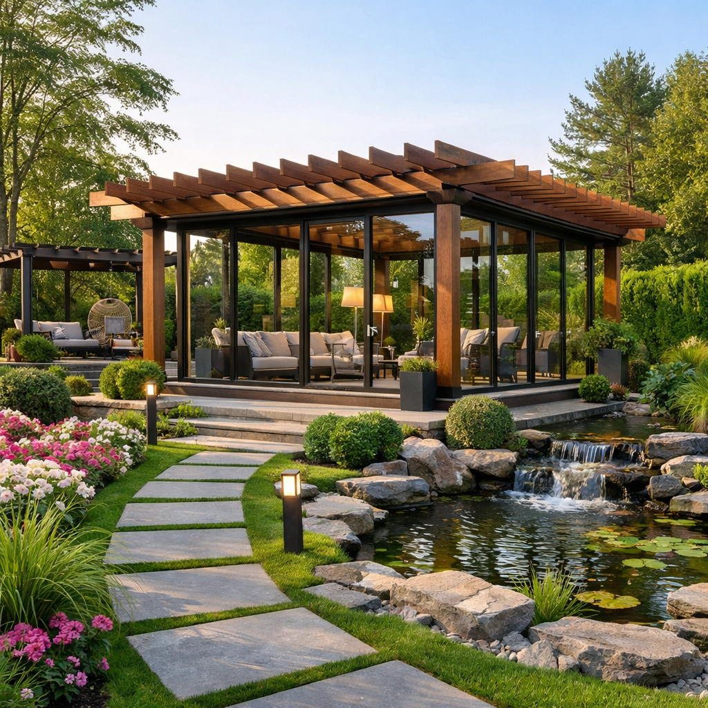 serene garden with modern glasshouse